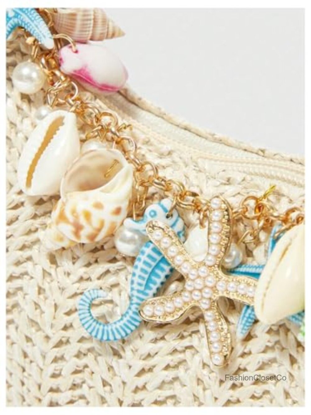 Boho Seashell Starfish Straw Shoulder Handbag with Chain Strap - Picture 2 of 6